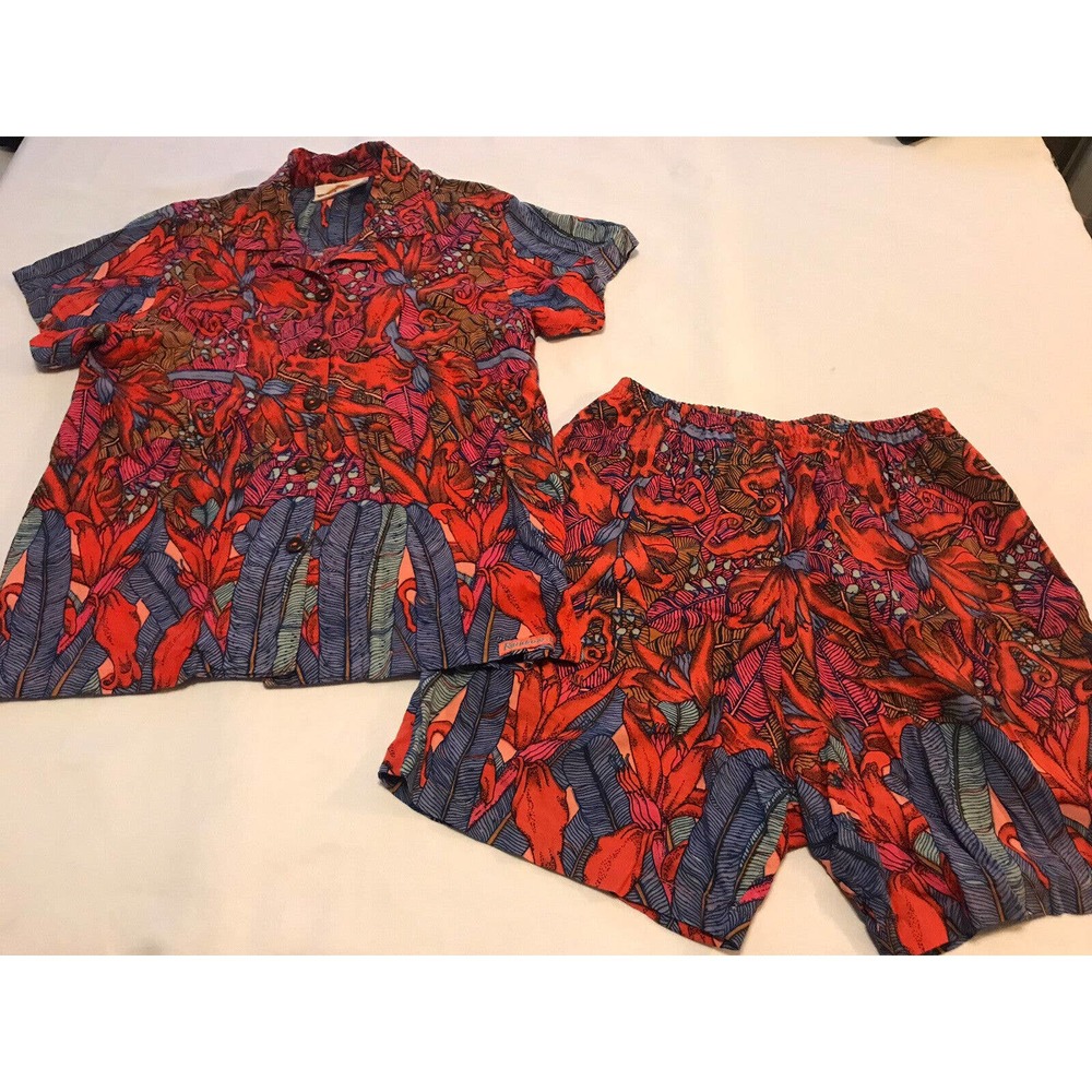 Vtg Rainbow Jo Hawaiian Red Pink Blue Button Up Shirt Shorts Set Womens Sz S